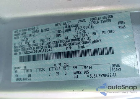 2007 Ford E-250 Commercial/Recreational из США, поврежденный, VIN 1FTNE24L97DB38842